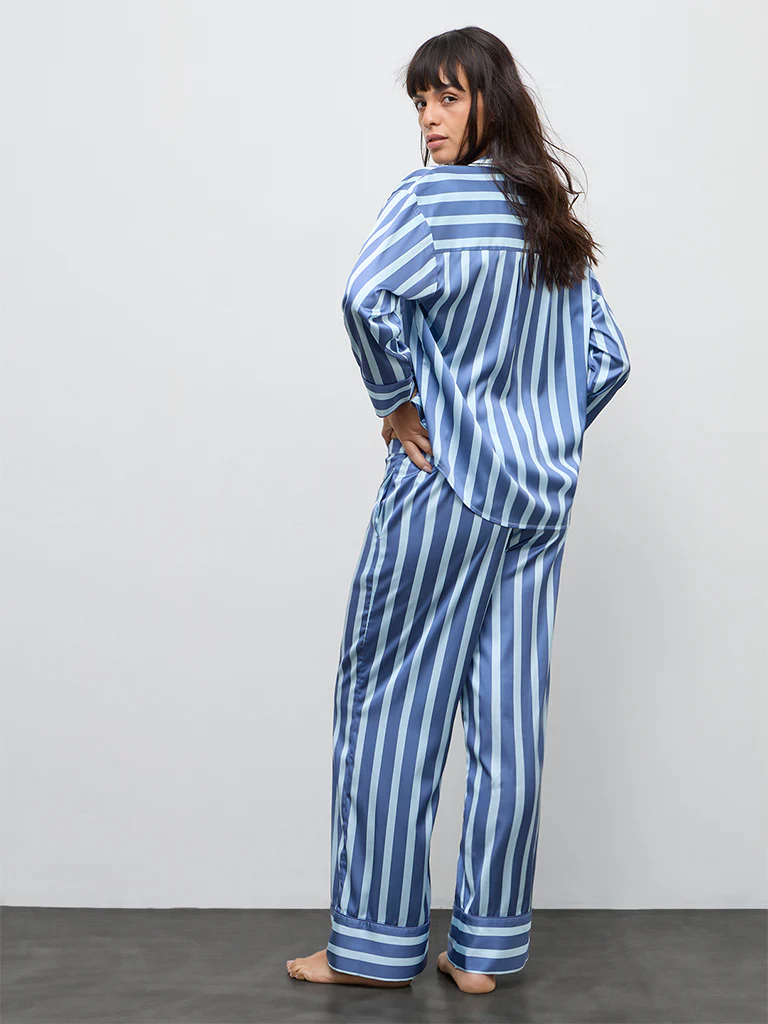 Wunderlove Blue Striped Satin Shirt and Pyjamas Set - Image 4