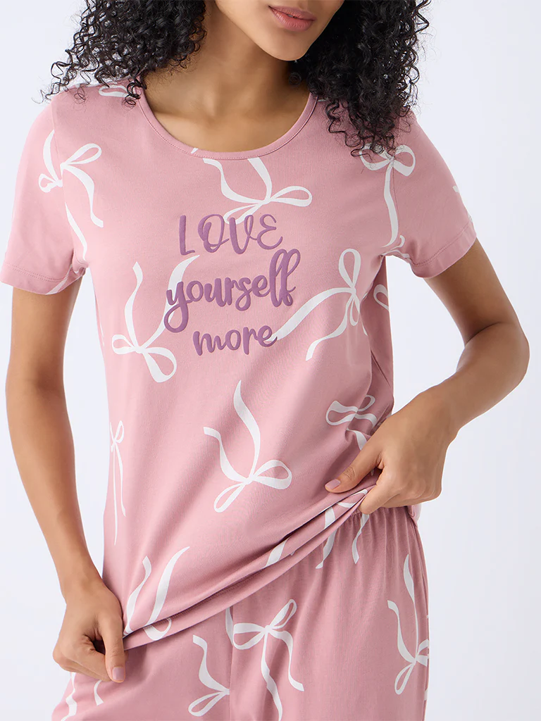 Wunderlove Blush Pink Cotton-Blend T-Shirt and Pyjama Set - Image 3