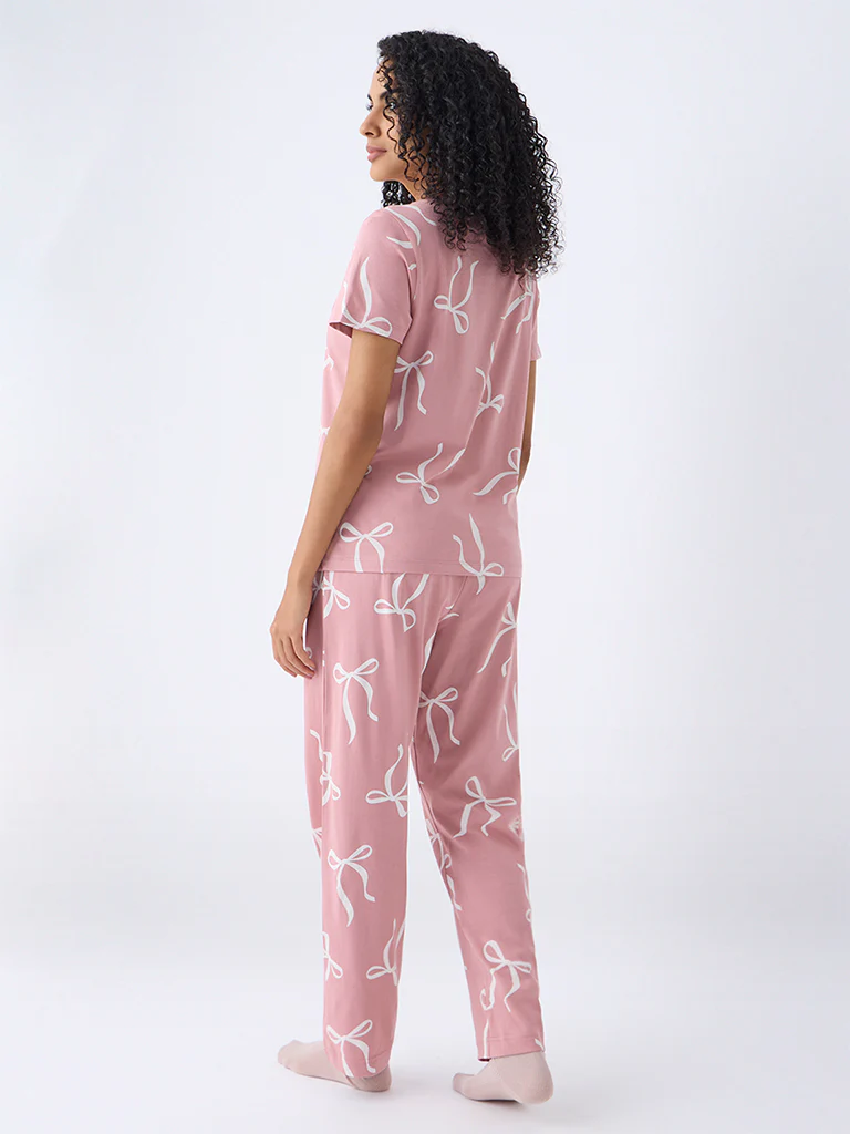 Wunderlove Blush Pink Cotton-Blend T-Shirt and Pyjama Set - Image 4