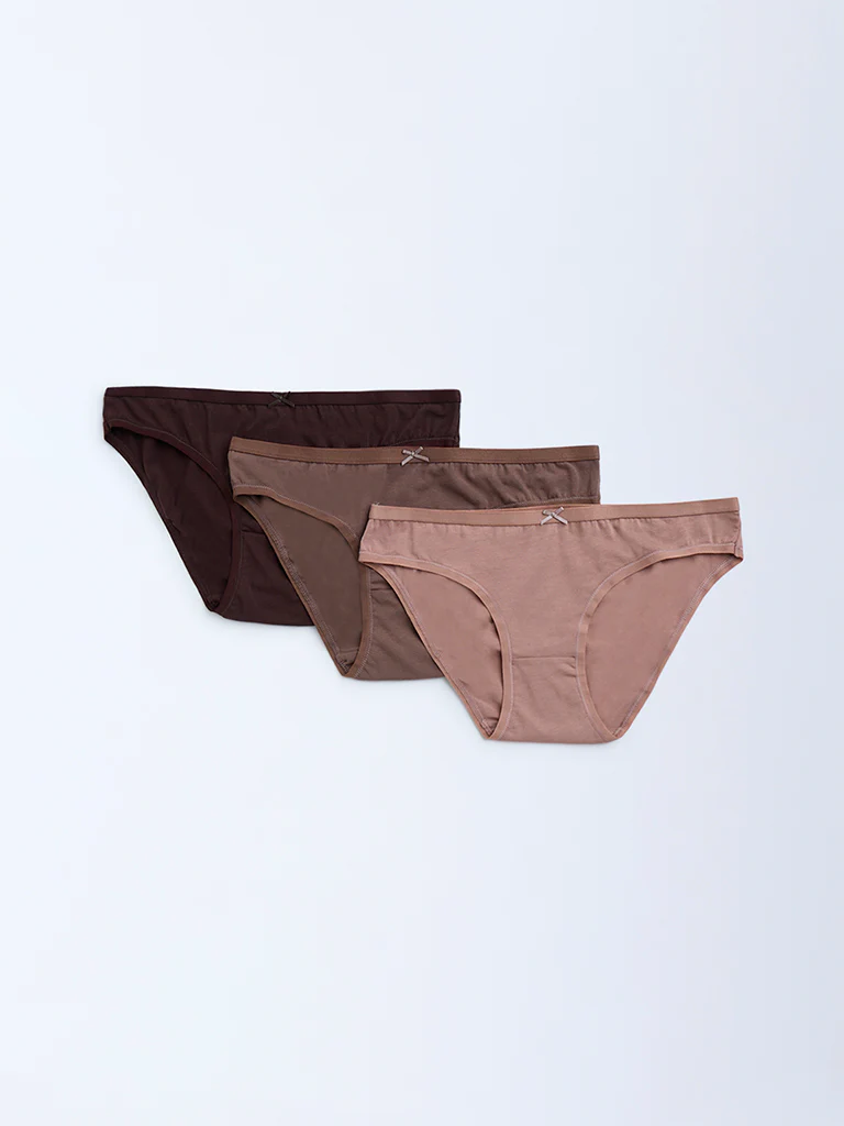 Wunderlove Brown Cotton-Blend Bikini Briefs β Pack of 3 - Image 2