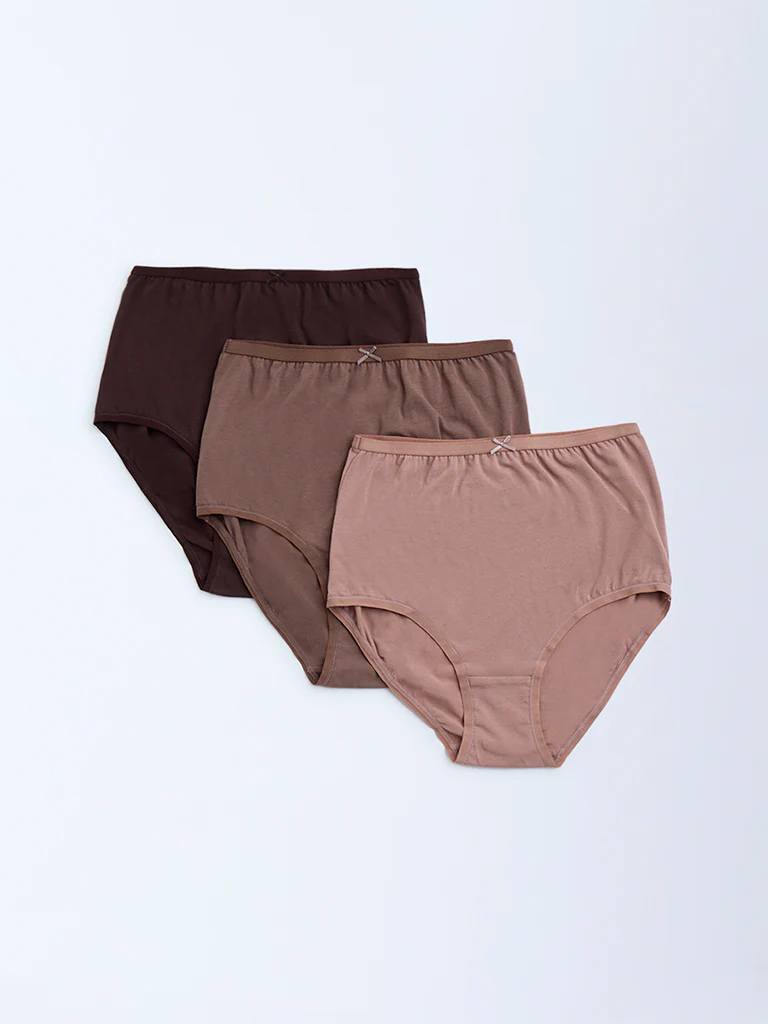Wunderlove Brown Cotton-Blend Full Briefs - Pack of 3 - Image 2