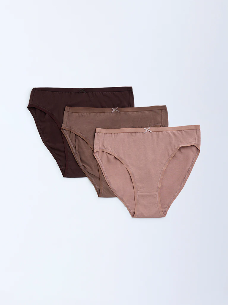 Wunderlove Brown Cotton-Blend Hi-Leg Briefs β Pack of 3 - Image 2