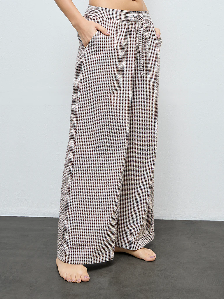 Wunderlove Brown Gingham Printed High-Rise Cotton Pants - Image 2