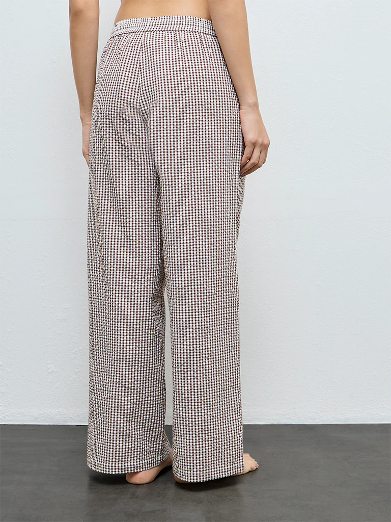 Wunderlove Brown Gingham Printed High-Rise Cotton Pants - Image 4