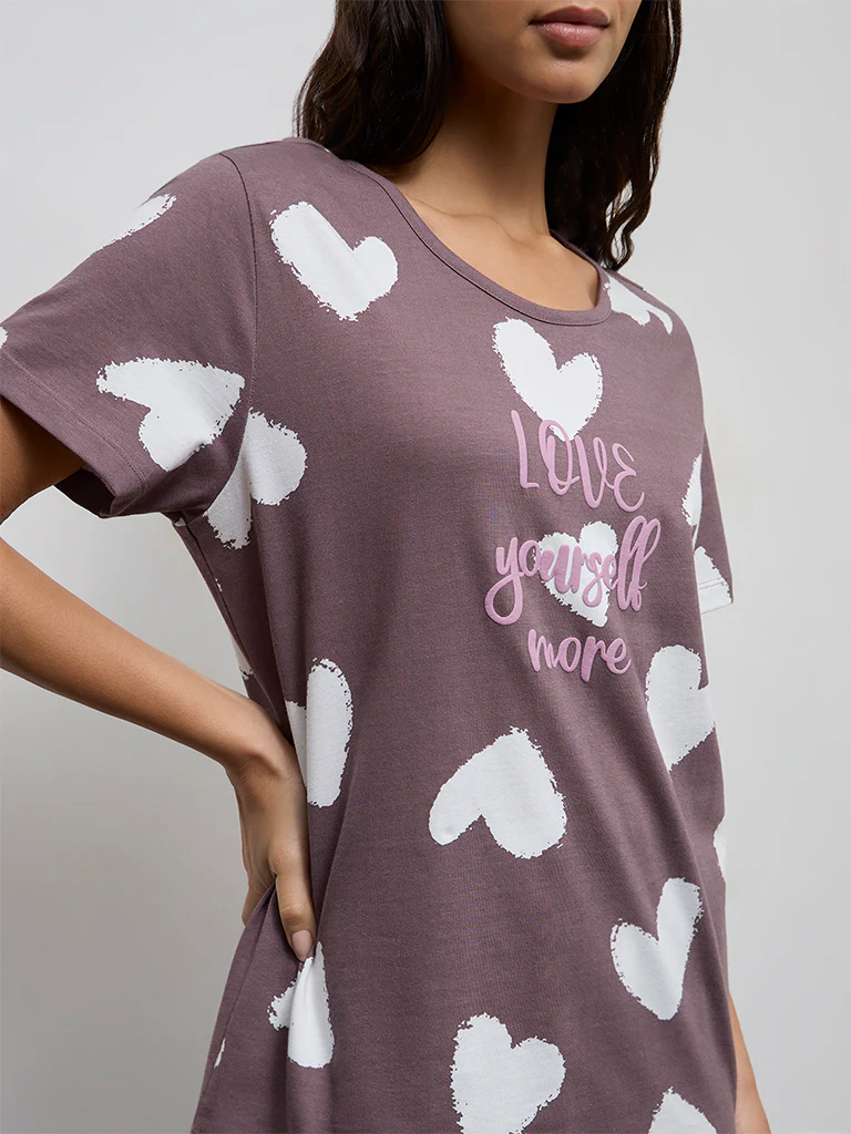 Wunderlove Brown Heart Printed Cotton T-Shirt with Pant Set - Image 3