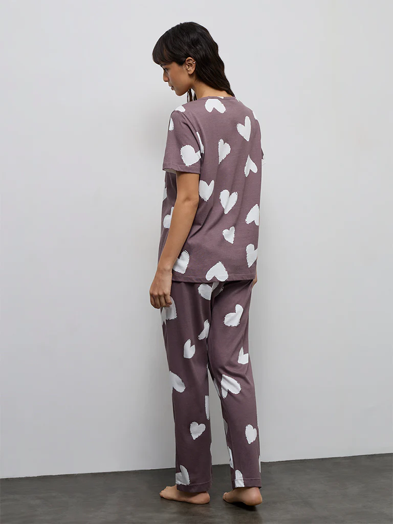 Wunderlove Brown Heart Printed Cotton T-Shirt with Pant Set - Image 4
