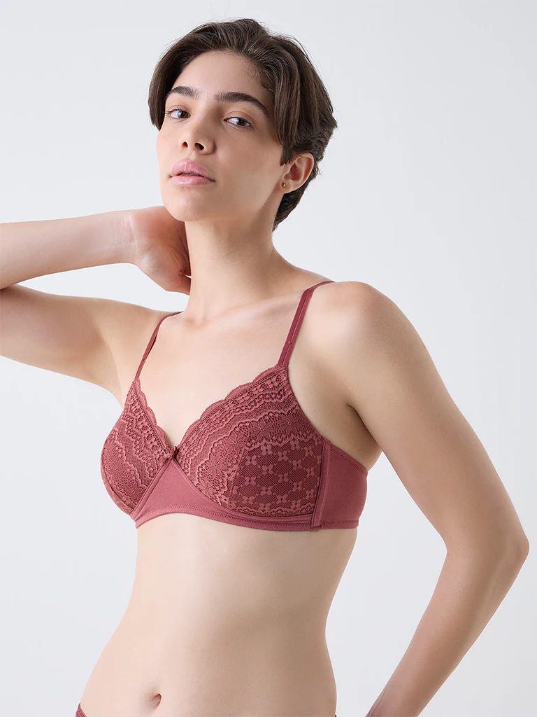 Wunderlove Brown Lace Cotton-Blend Padded Bra - Image 2