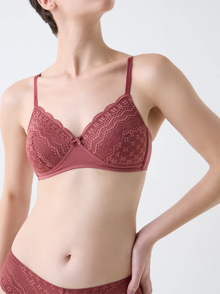 Wunderlove Brown Lace Cotton-Blend Padded Bra - Image 3