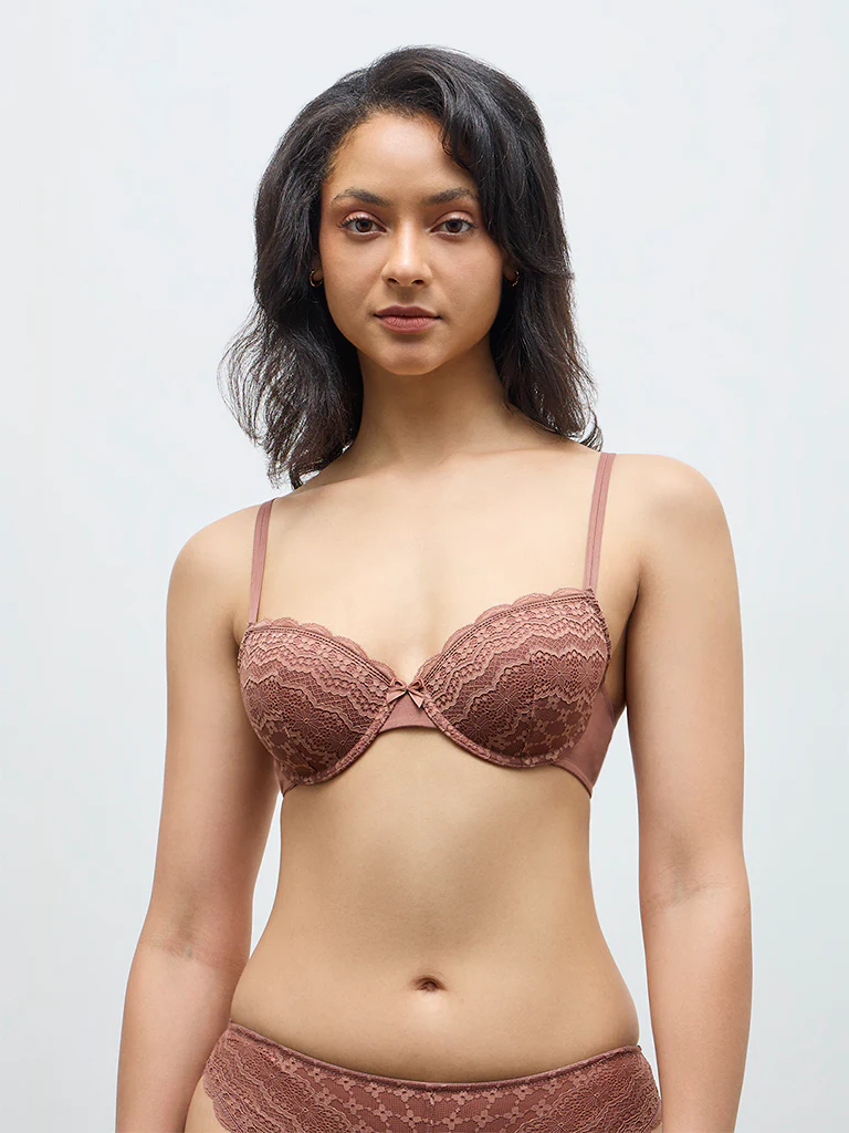 Wunderlove Brown Lace Detailed Cotton-Blend Underwired Bra - Image 2