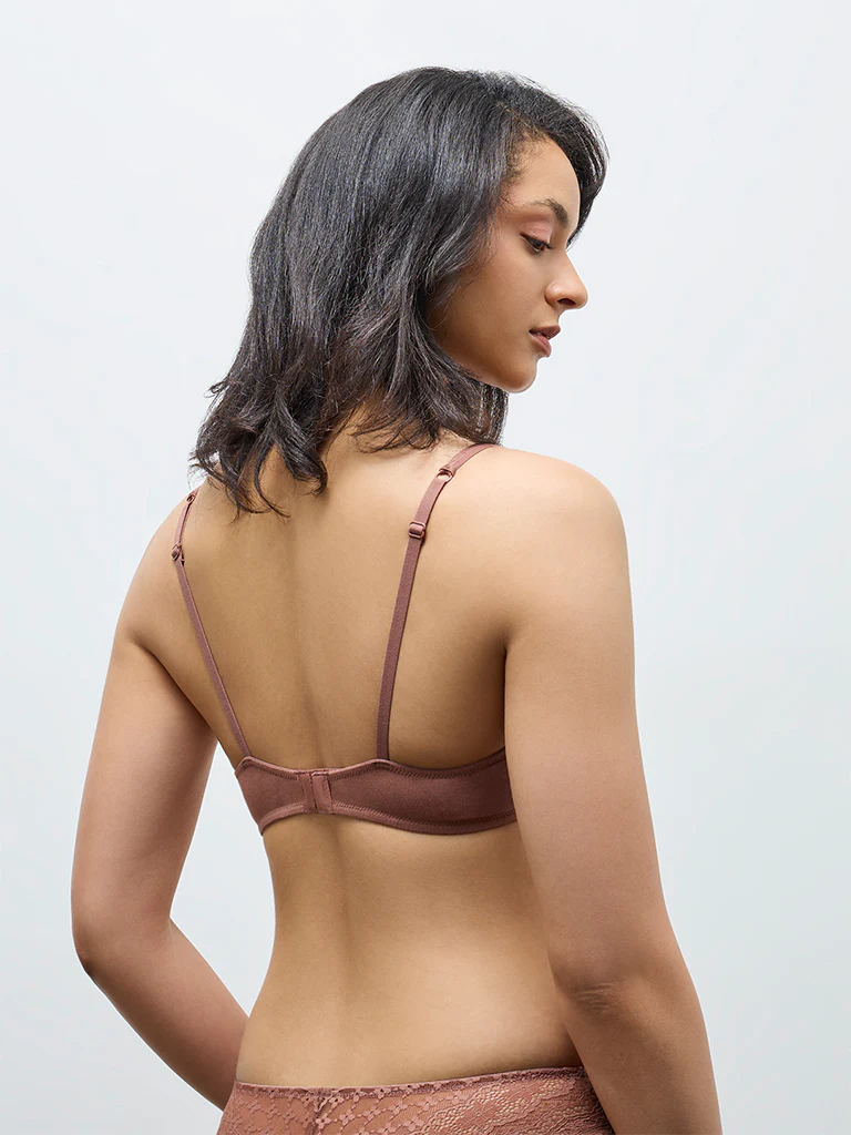 Wunderlove Brown Lace Detailed Cotton-Blend Underwired Bra - Image 4