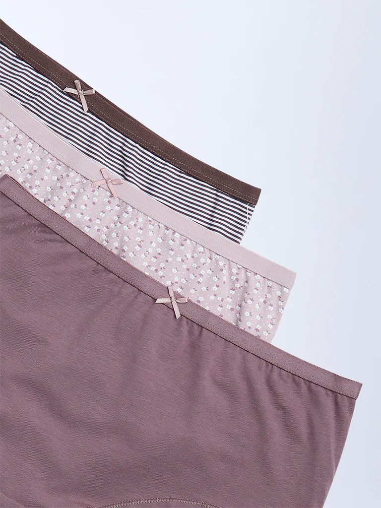 Wunderlove Brown Printed Cotton-Blend Briefs - Pack of 3 - Image 2