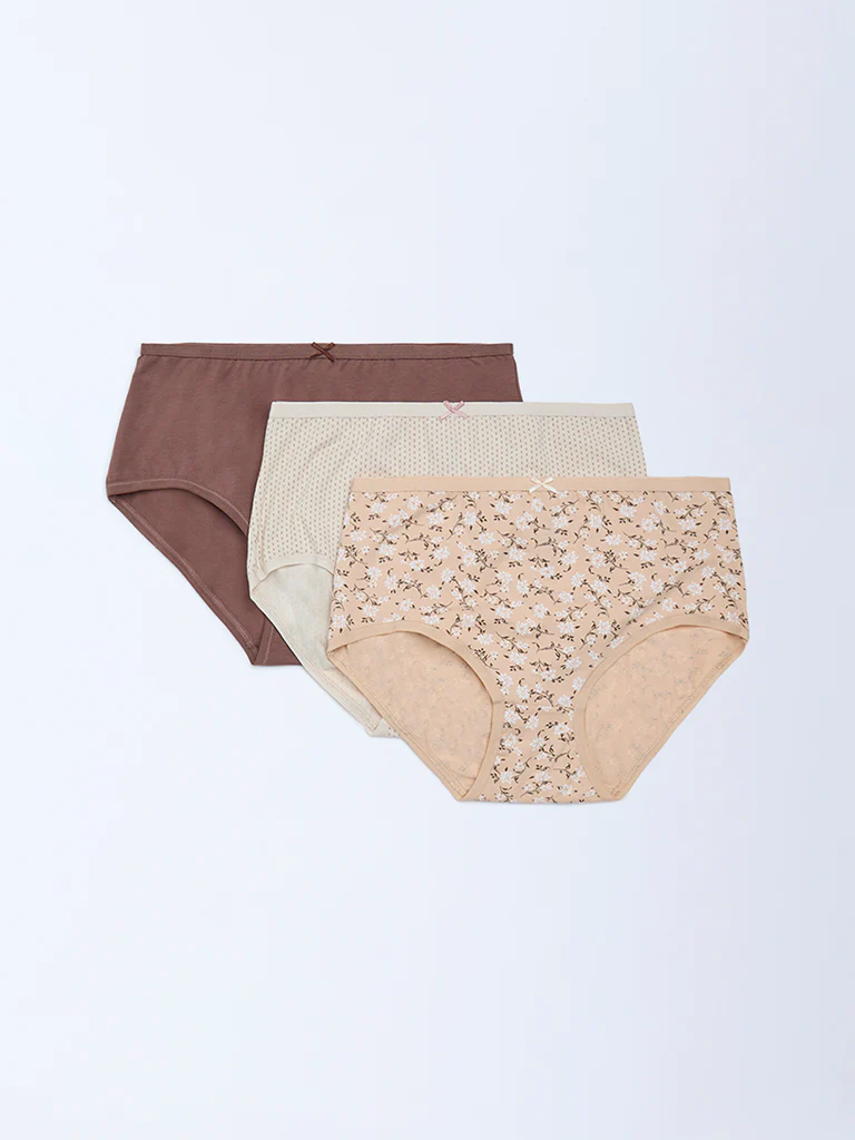 Wunderlove Brown Printed Cotton-Blend Briefs - Pack of 3 - Image 2