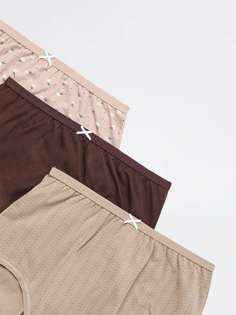 Wunderlove Brown Printed Full Cotton-Blend Briefs - Pack of 3 - Image 4