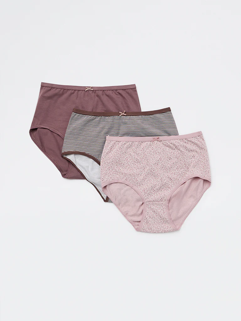 Wunderlove Brown Printed Hi-Rise Cotton-Blend Briefs - Pack of 3 - Image 2