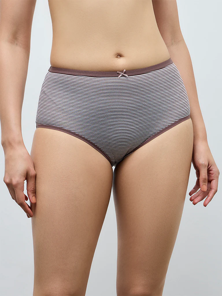 Wunderlove Brown Printed Hi-Rise Cotton-Blend Briefs - Pack of 3 - Image 3