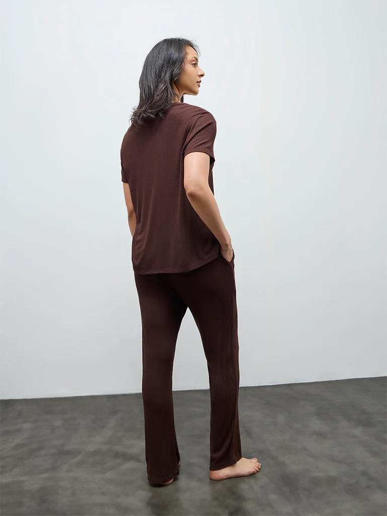 Wunderlove Brown Ribbed High-Rise Pants - Image 4