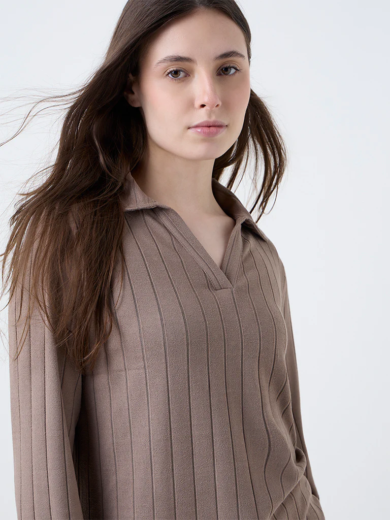 Wunderlove Brown Ribbed-Textured Top - Image 3