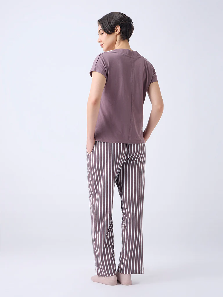 Wunderlove Brown Striped High-Rise Cotton Pants - Image 4