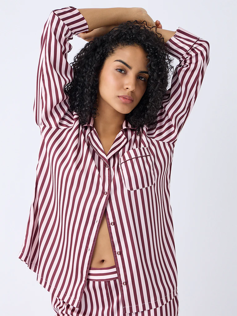 Wunderlove Brown Striped Shirt and Pyjama Set - Image 3
