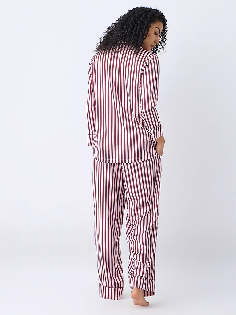 Wunderlove Brown Striped Shirt and Pyjama Set - Image 4