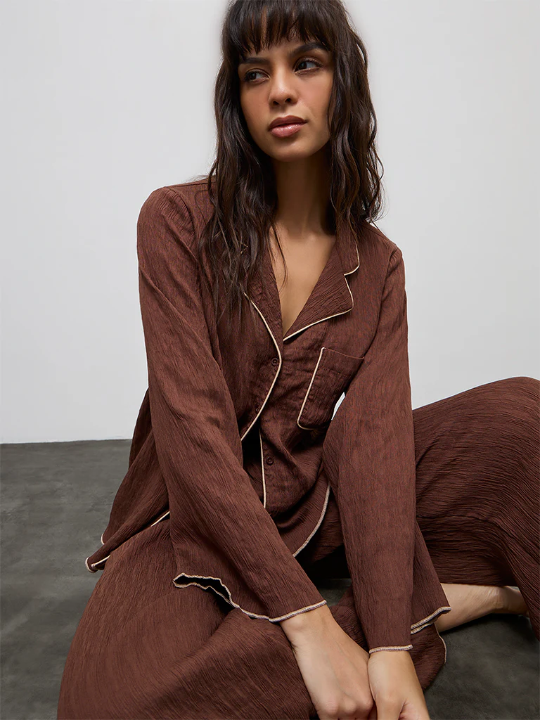 Wunderlove Brown Textured Shirt with Pyjama Set - Image 2