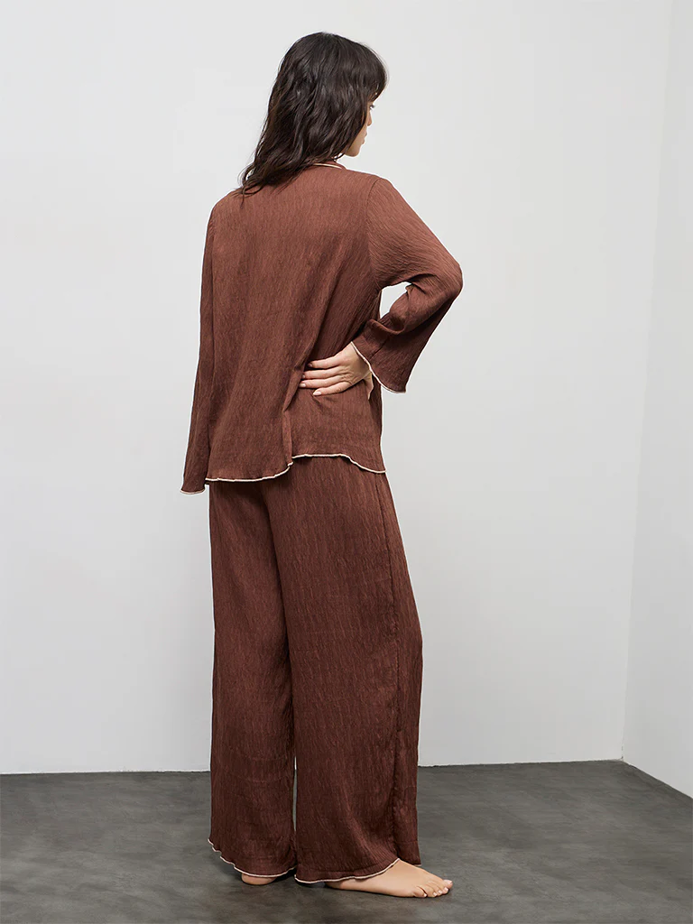 Wunderlove Brown Textured Shirt with Pyjama Set - Image 4
