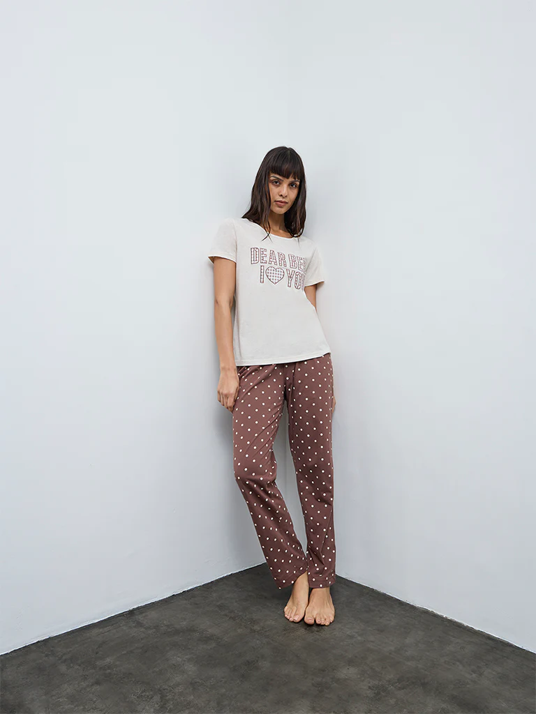 Wunderlove Brown Typographic Cotton Pyjama Set In A Bag - Image 2