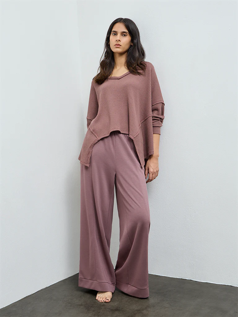 Wunderlove Brown Waffle-Textured Oversized Cotton-Blend Top - Image 2