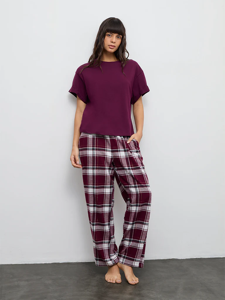 Wunderlove Burgundy Checkered High-Rise Cotton Pants