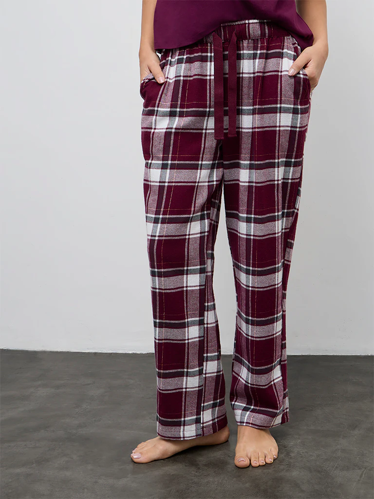 Wunderlove Burgundy Checkered High-Rise Cotton Pants - Image 2