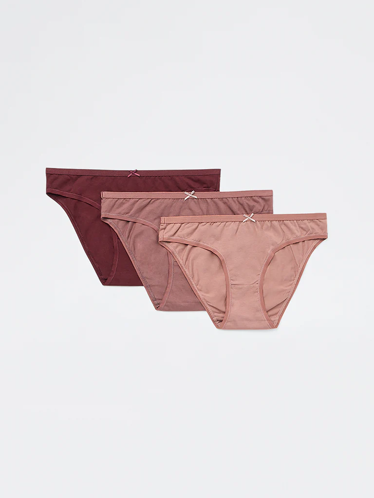Wunderlove Burgundy Cotton-Blend Bikini Briefs - Pack of 3 - Image 2