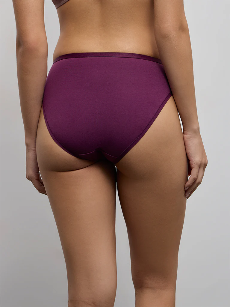 Wunderlove Burgundy Printed Hi-Leg Cotton-Blend Briefs - Pack of 3 - Image 4