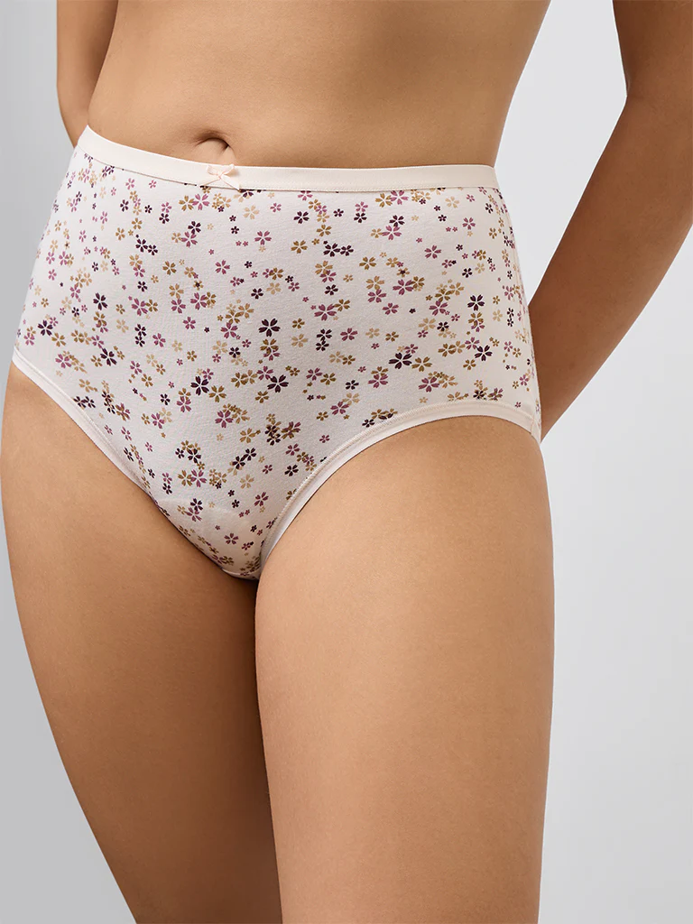 Wunderlove Burgundy Printed Hi-Rise Cotton-Blend Briefs - Pack of 3 - Image 3