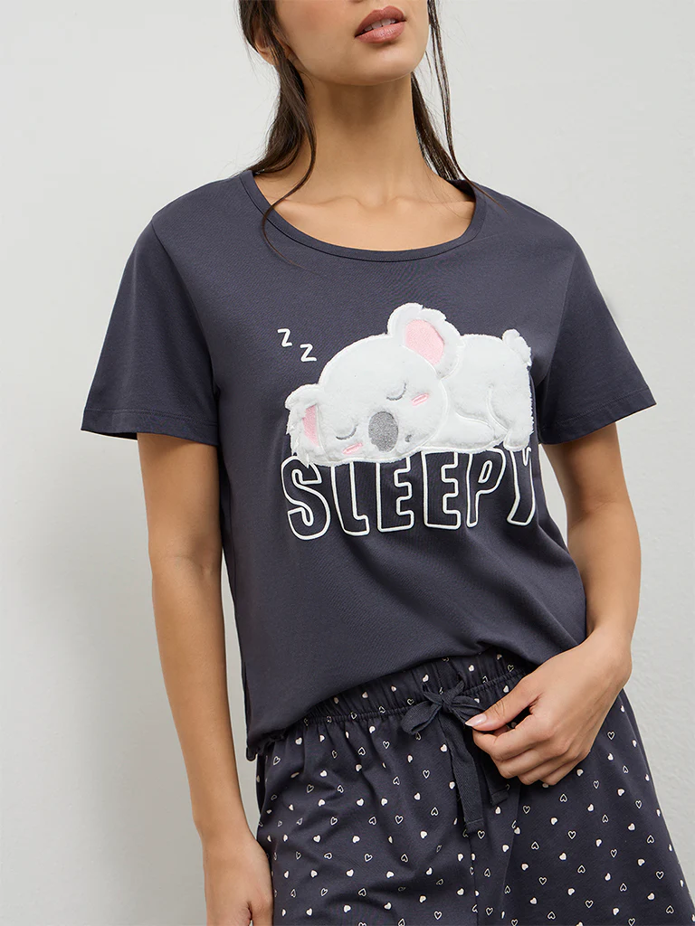 Wunderlove Charcoal Animal Design Cotton T-Shirt - Image 3