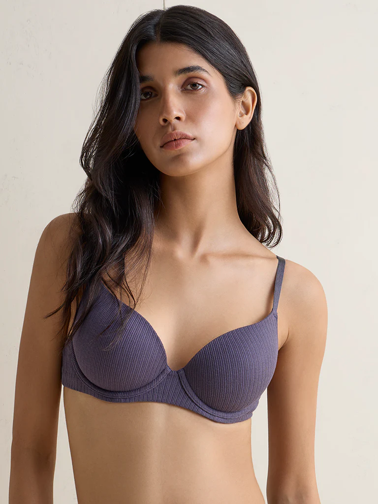 Wunderlove Charcoal Ribbed Underwired Bra - Image 2