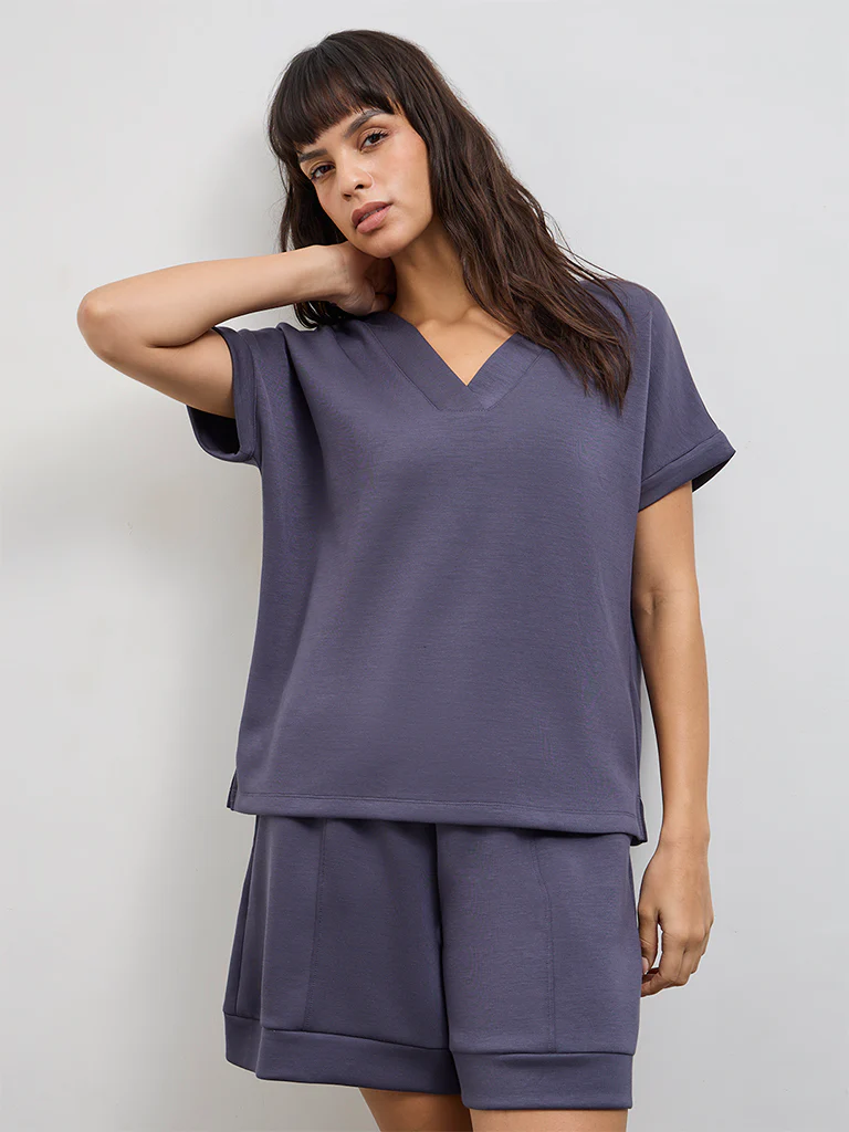 Wunderlove Charcoal Solid V-Neck Top