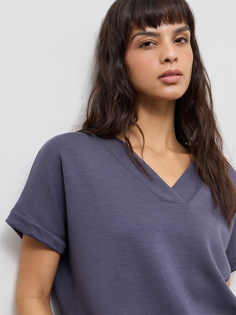 Wunderlove Charcoal Solid V-Neck Top - Image 3