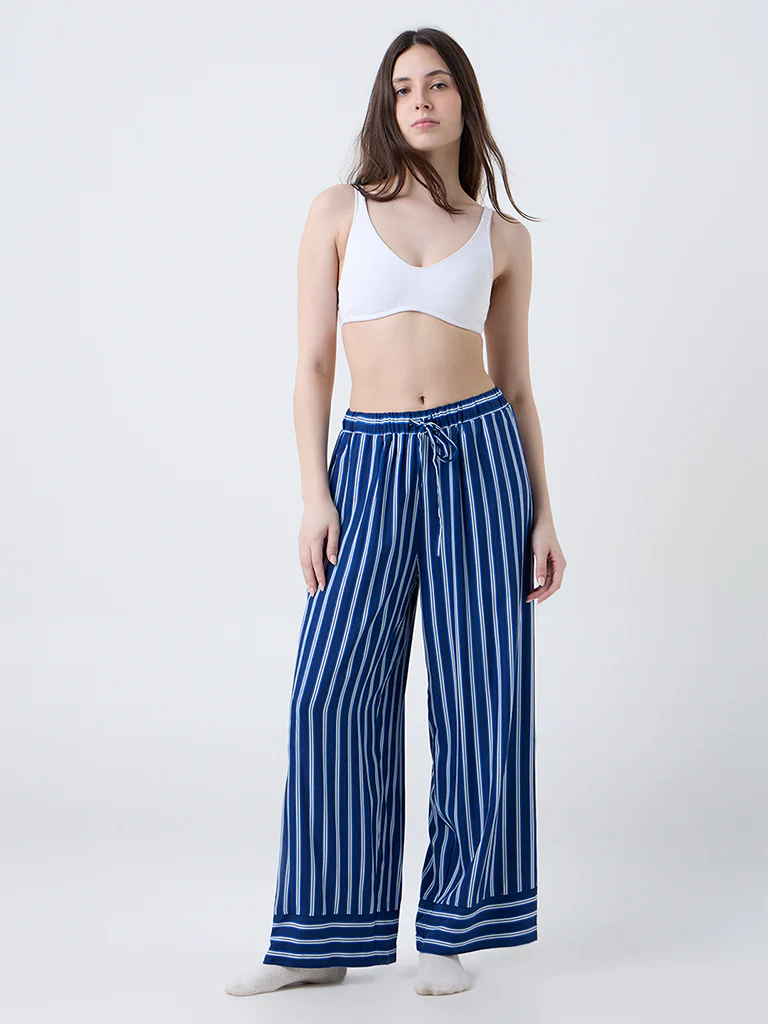 Wunderlove Dark Blue Striped High-Rise Cotton Blend Pants