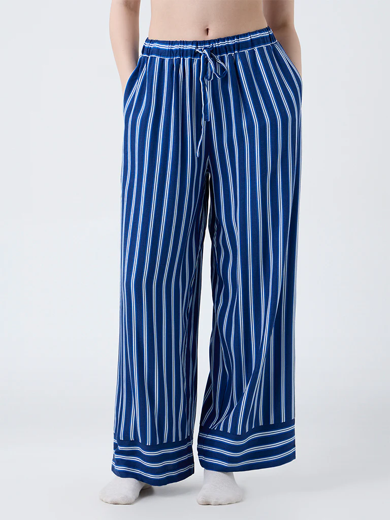 Wunderlove Dark Blue Striped High-Rise Cotton Blend Pants - Image 2