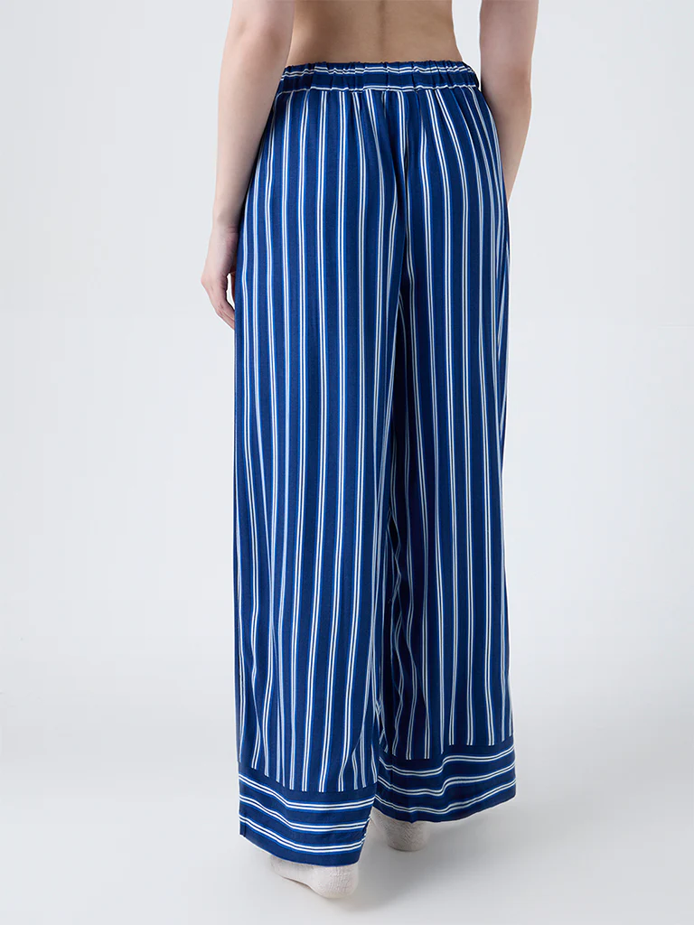 Wunderlove Dark Blue Striped High-Rise Cotton Blend Pants - Image 4