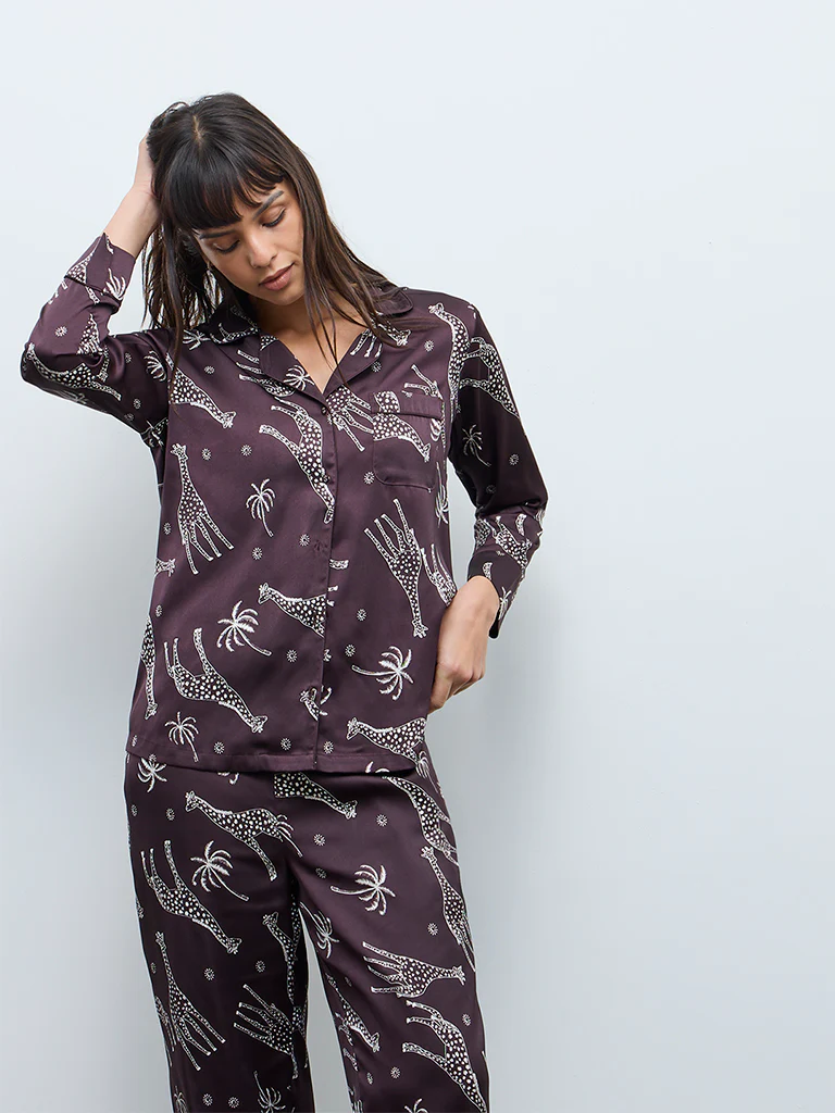 Wunderlove Dark Brown Animal Printed Shirt and Pyjama Set - Image 2