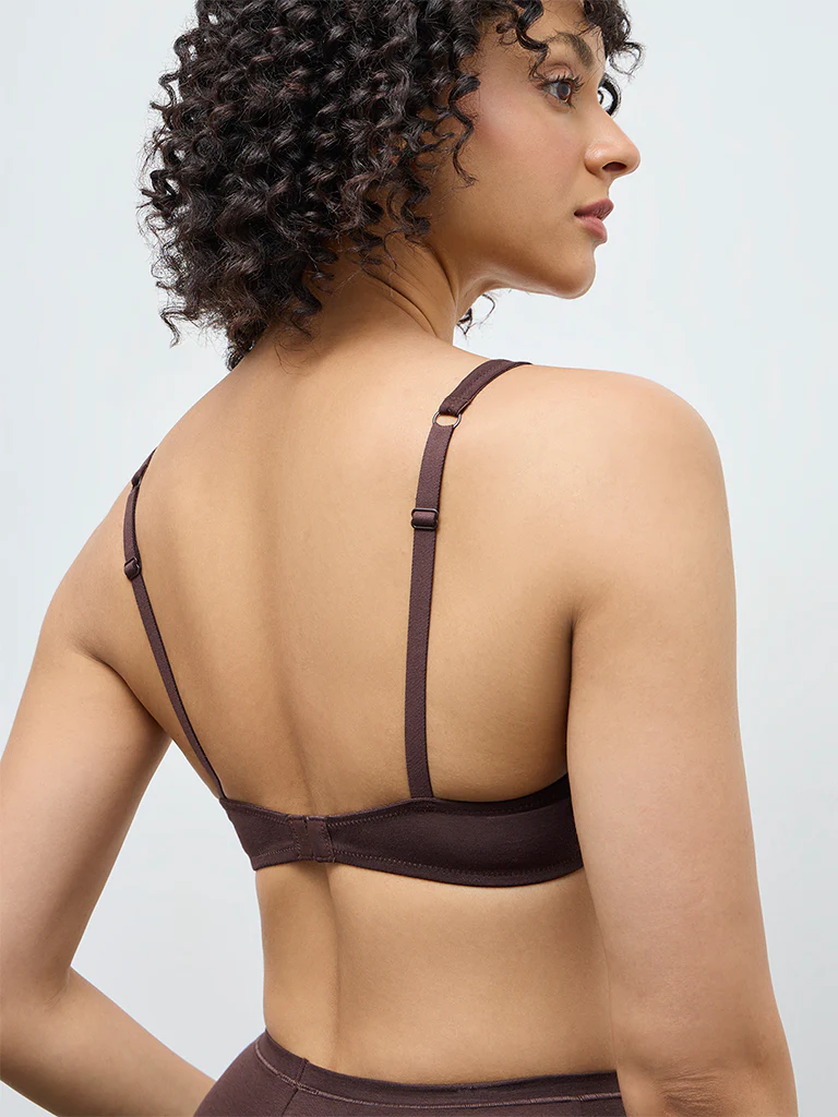 Wunderlove Dark Brown Cotton-Blend Padded Bra - Image 4