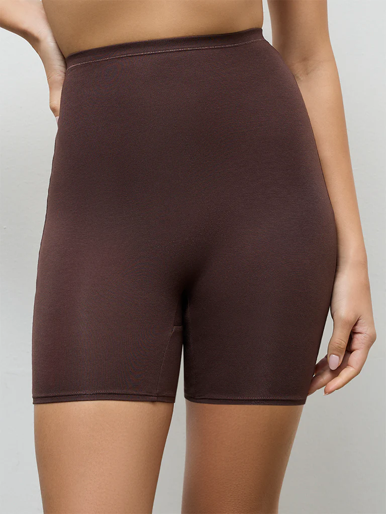 Wunderlove Dark Brown Cotton-Blend Shapewear Cycling Shorts - Image 2