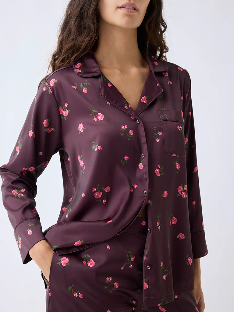 Wunderlove Dark Brown Floral Pattern Satin Shirt and Pyjama Set - Image 3