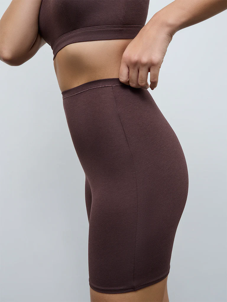 Wunderlove Dark Brown High-Rise Cotton-Blend Cycling Shorts - Image 2