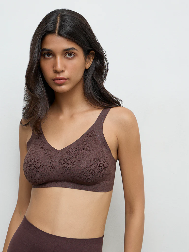 Wunderlove Dark Brown Lace Detailed Invisible Padded Bra - Image 2