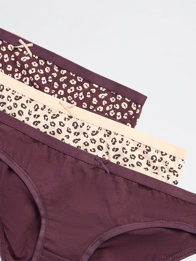 Wunderlove Dark Brown Printed Cotton-Blend Bikini Briefs - Pack of 3 - Image 8