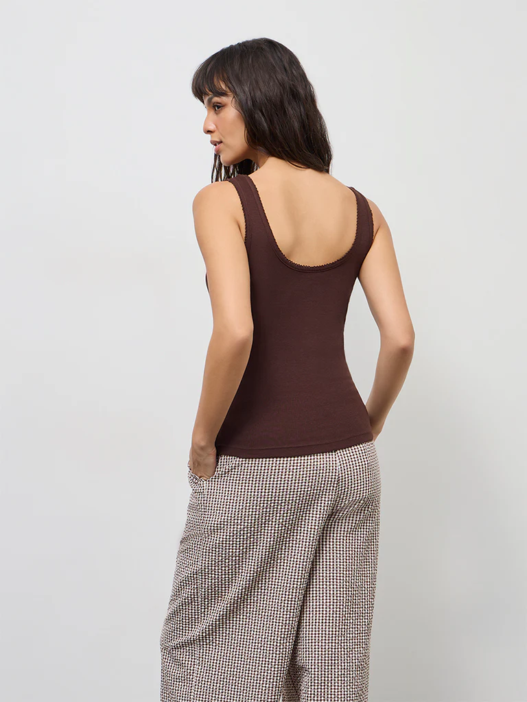 Wunderlove Dark Brown Ribbed-Textured Cotton Camisole - Image 4