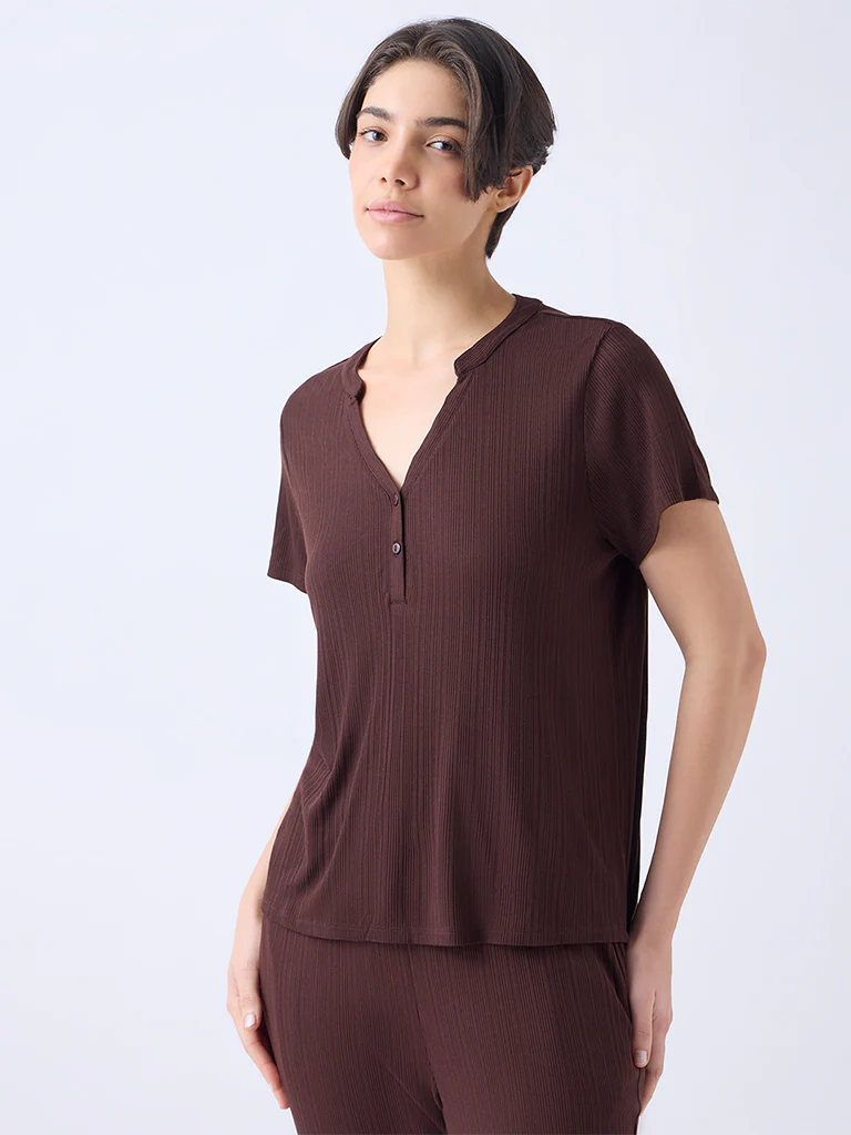 Wunderlove Dark Brown Ribbed-Textured Henley Top - Image 2