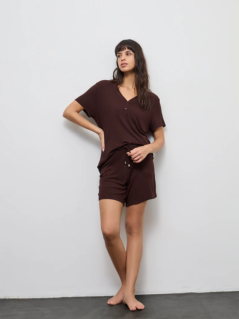 Wunderlove Dark Brown Ribbed-Textured Henley Top